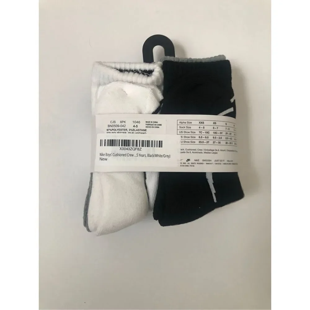 Nike Boys Cushioned Crew Socks 6 Pack (Grey/White/Black) size 7C-10C
